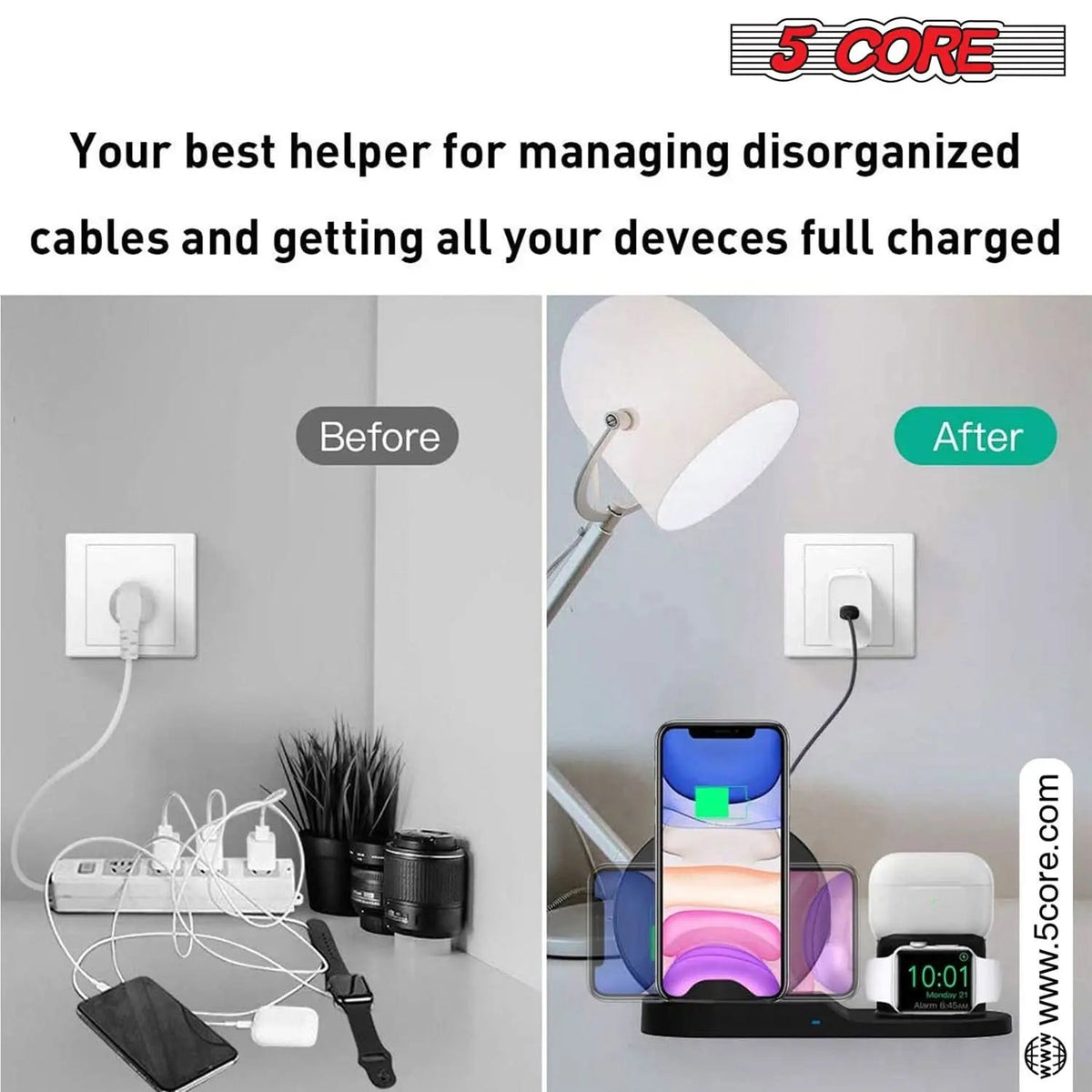 5Core Fast 3 in 1 Wireless Charging Station 10W Phone Watch Earpod Charger Velmora
