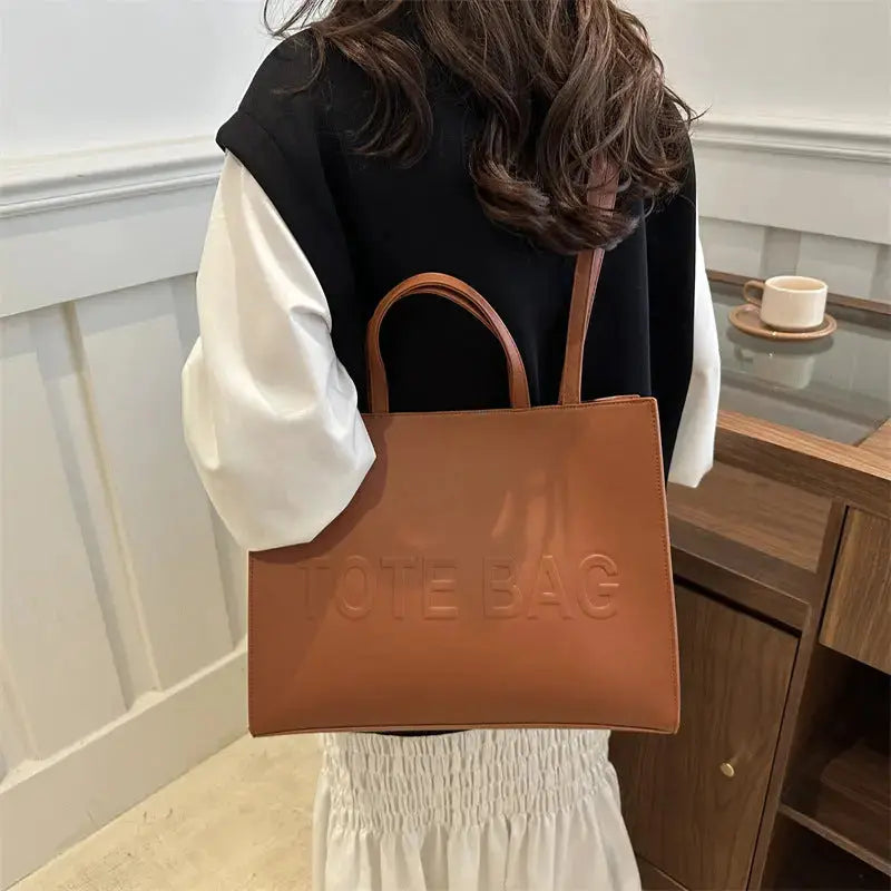 Embossed Letter Large Capacity Retro Shoulder Tote Bag My Store