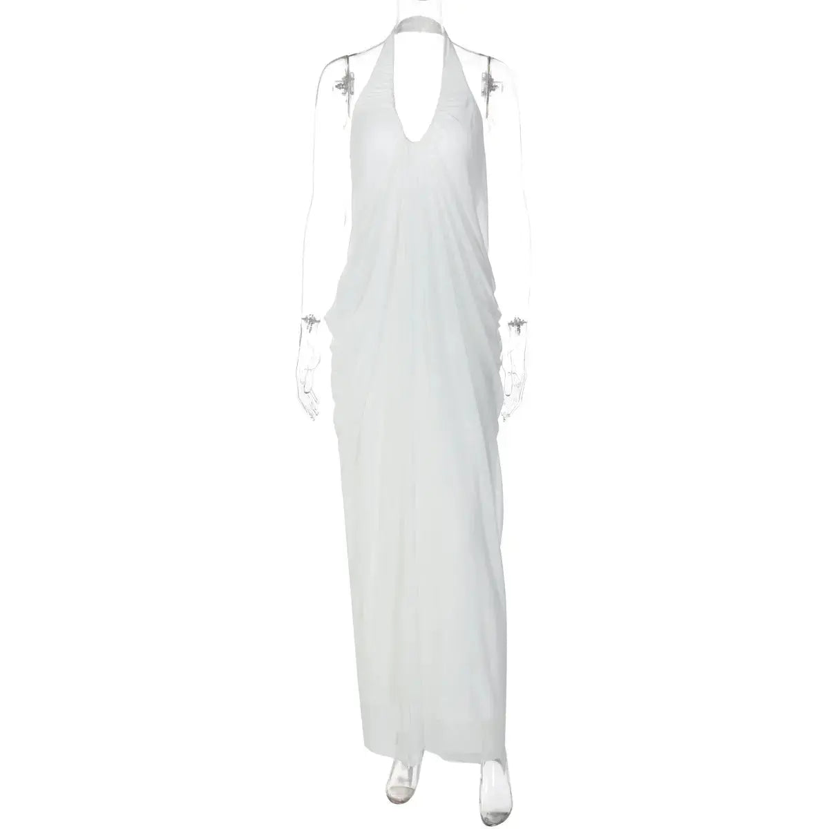 Backless Halter Mesh Maxi Dress With Pleated Skirt My Store