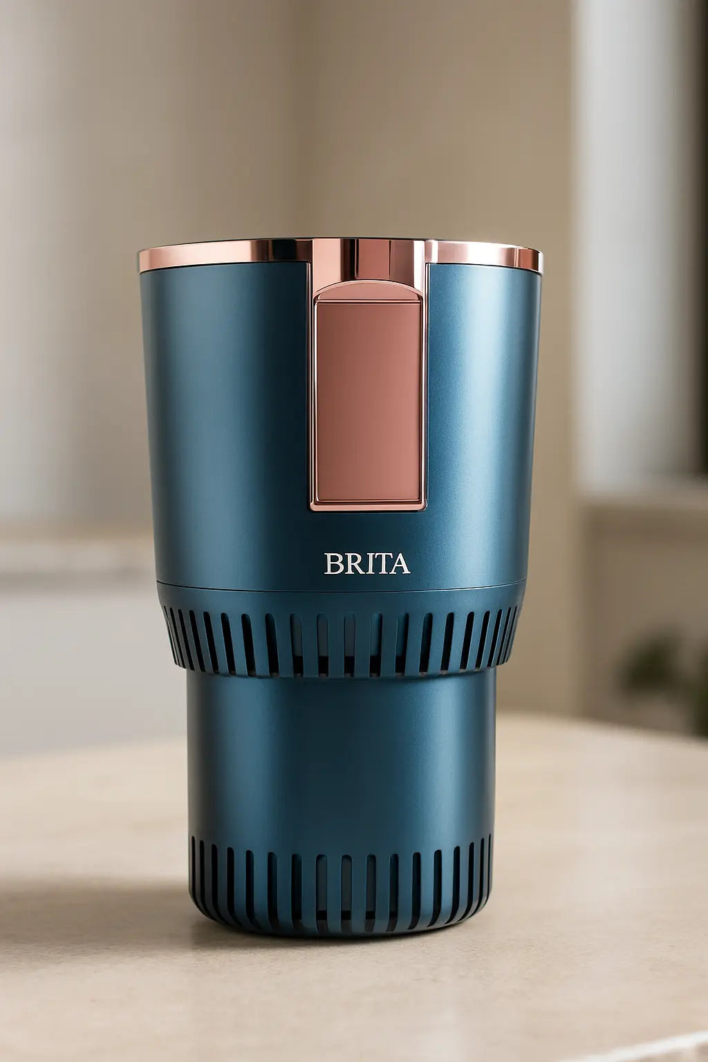 Blue Metallic Cylindrical Device with Rose-Gold Accent Panel Velmora