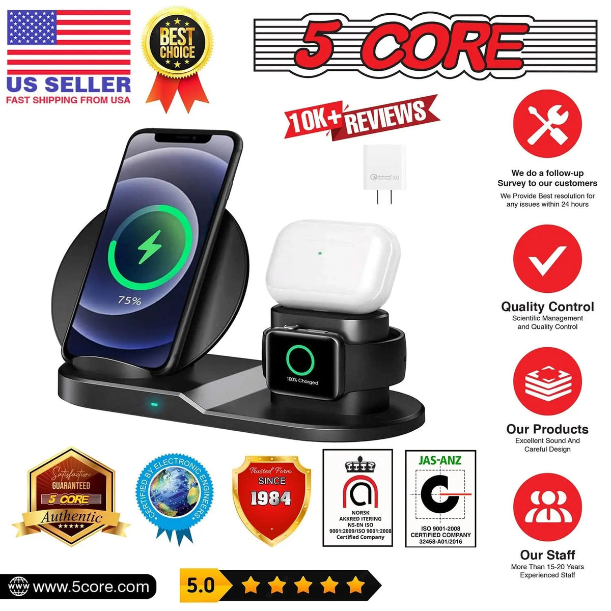 5Core Fast 3 in 1 Wireless Charging Station 10W Phone Watch Earpod Charger Velmora