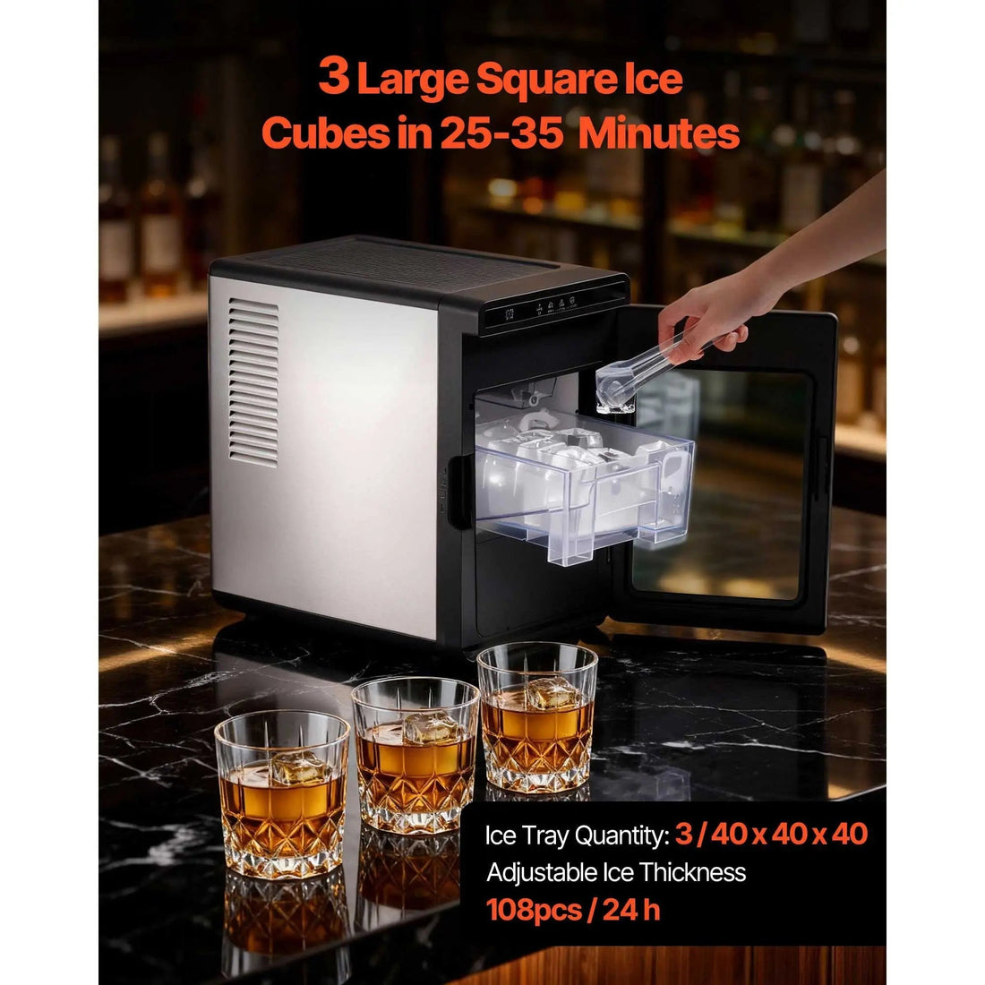 Countertop Ice Maker, 22 lbs per Day, Self-Cleaning Portable Machine with Tong, Drawer-Style Ice Access, Ice-Making Machine with Large Square Cubes, for Home, Kitchen, Office, Bar & Party Doba