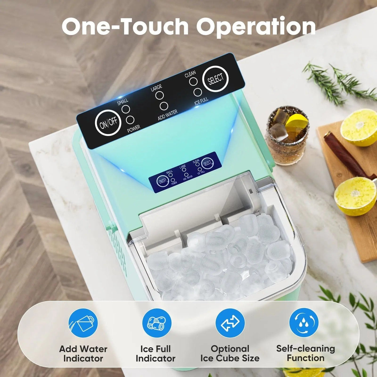 Countertop Ice Maker, Self-Cleaning Portable Ice Maker Machine with Handle and Ice Scoop, Bullet Ice Cubes, 9Pcs/6Min 26.5Lbs/24H for Home/Kitchen/Bar/Party, Green Doba