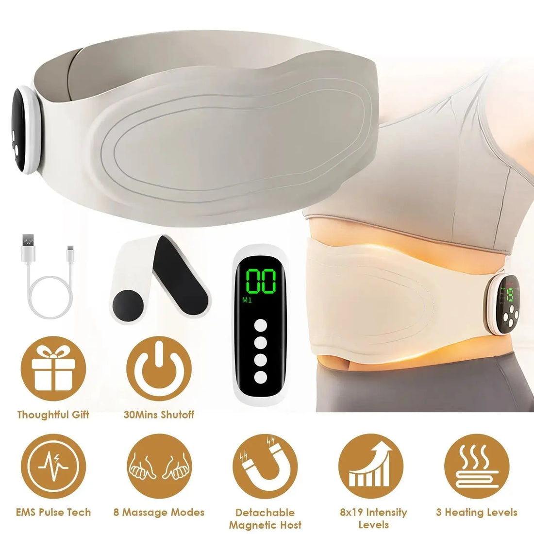 EMS Lower Back Massager Heating Pad Cordless Heating Pad for Back Belly Waist with Remote Magnetic Host 8 Modes 19 Intensity Levels 3 Heating Levels Doba