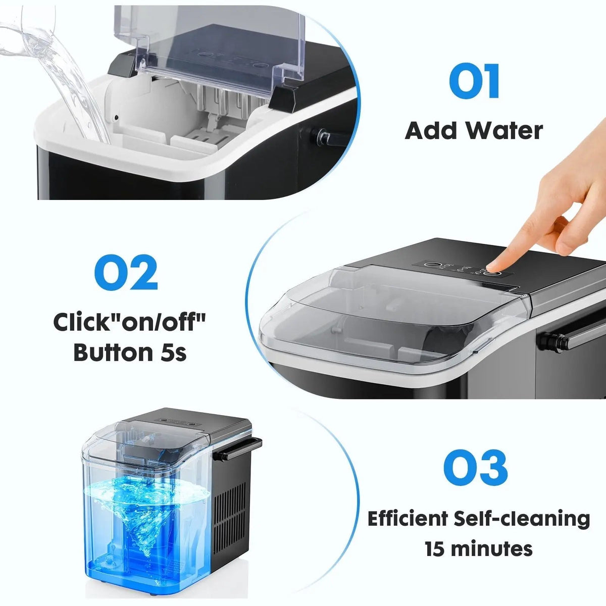 Countertop Ice Maker, Self-Cleaning Portable Ice Maker Machine with Handle and Ice Scoop 9Pcs/6Min 26.5Lbs/24H Black Doba