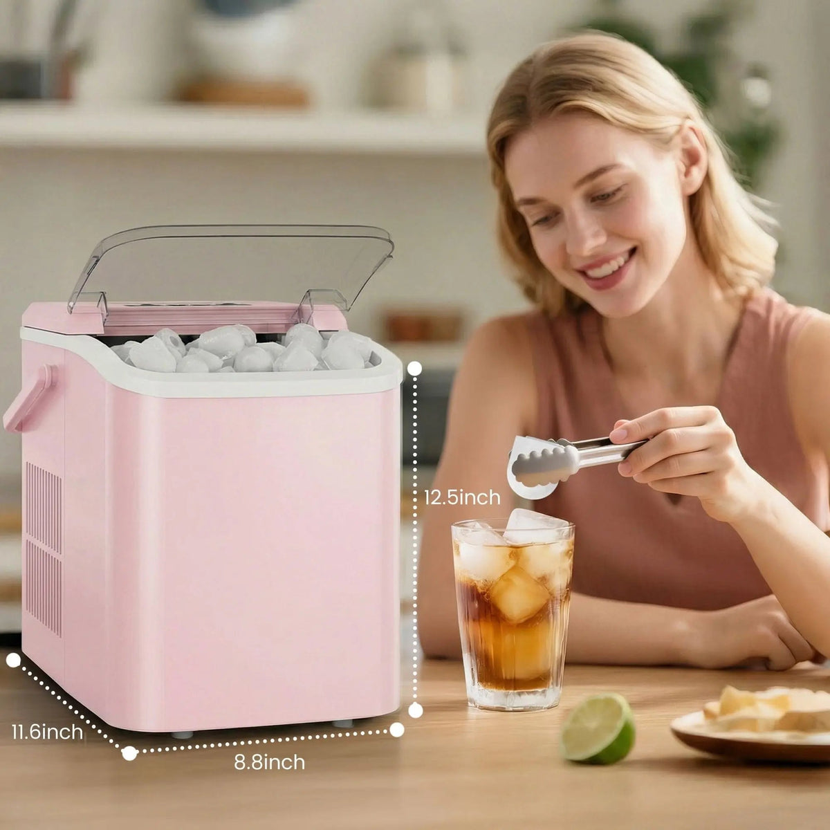 Countertop Ice Maker, Self-Cleaning Portable Ice Maker Machine with Handle and Ice Scoop 9Pcs/6Min 26.5Lbs/24H Pink Doba
