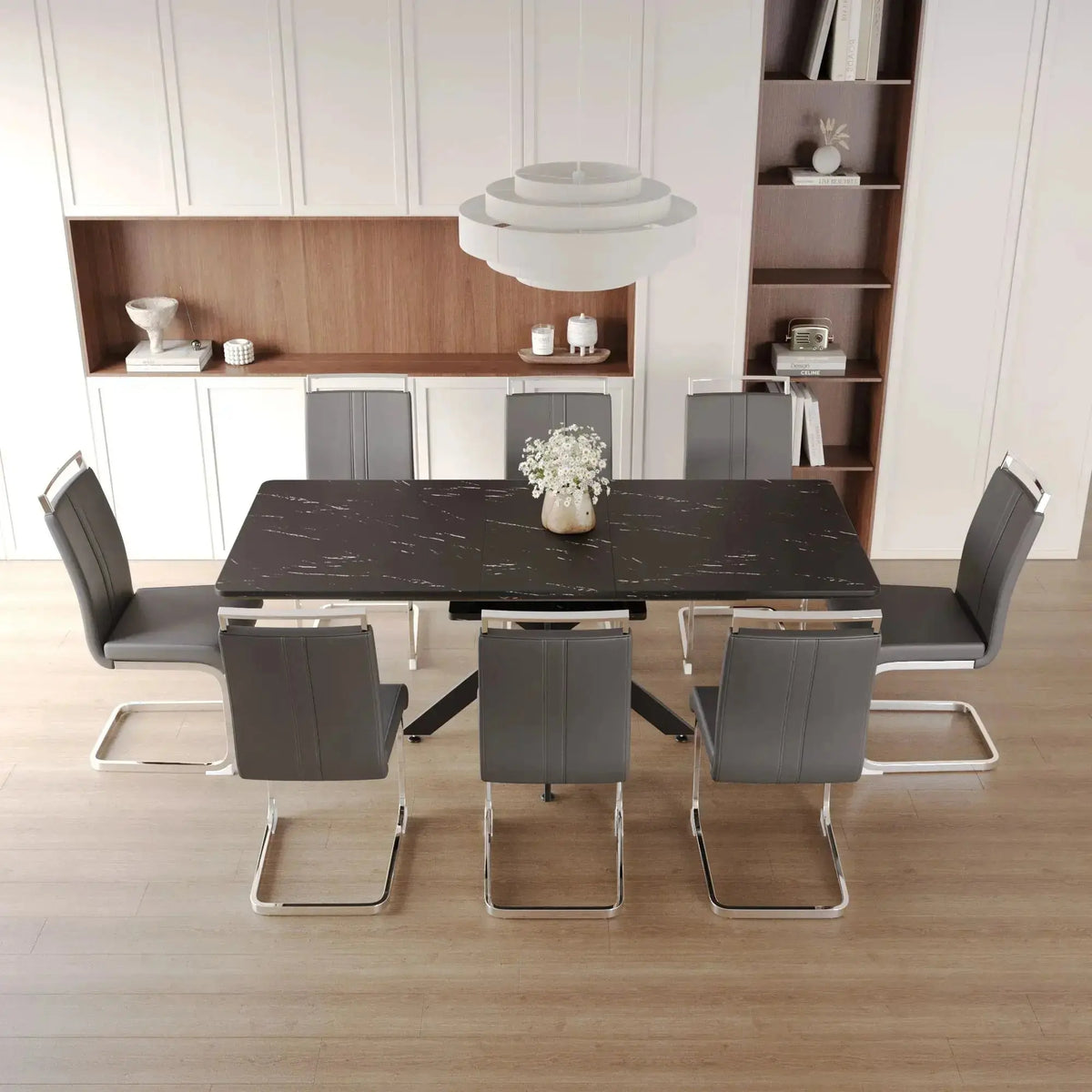 62.4" extendable 78.15" dining Table Set for 6-8 Person for Dining Room,C-shaped Tube Soft padded armless dining chair and Very large Dining Room Table Kitchen Table Chair Set with metal Legs Doba