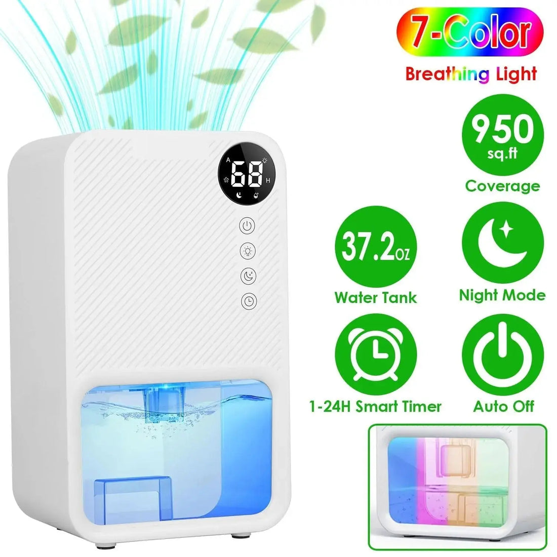 Portable Small Dehumidifier with Humidity Display, 10oz Moisture Removal per Day, 1.1L Water Tank, 1-24H Timer & 7-Color Night Light for Bathroom RV Closet Doba