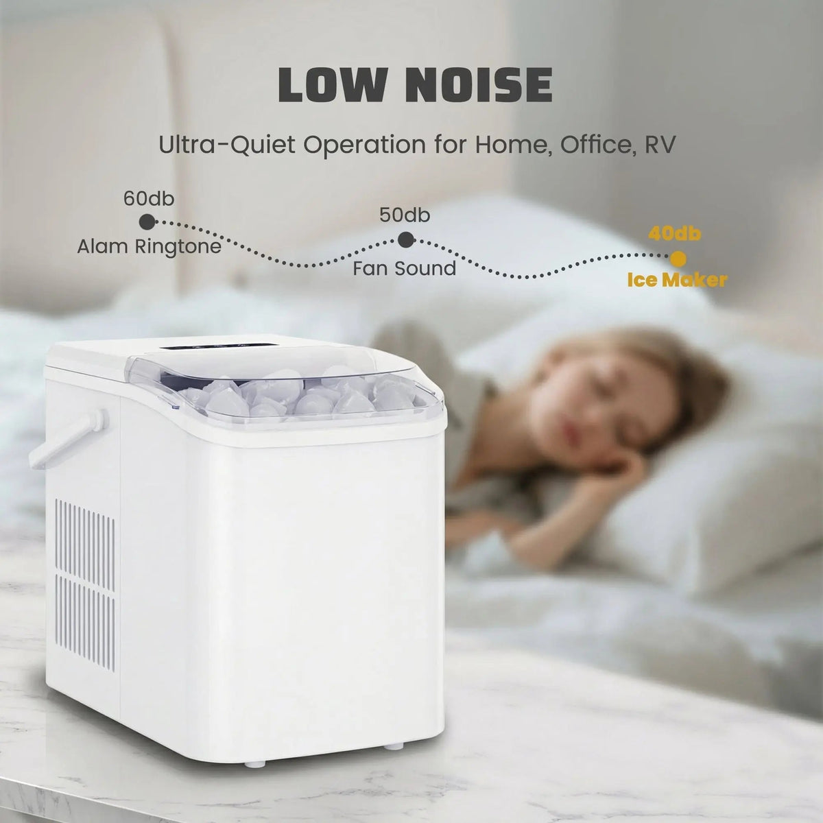 Countertop Ice Maker, Self-Cleaning Portable Ice Maker Machine with Handle and Ice Scoop 9Pcs/6Min 26.5Lbs/24H White Doba