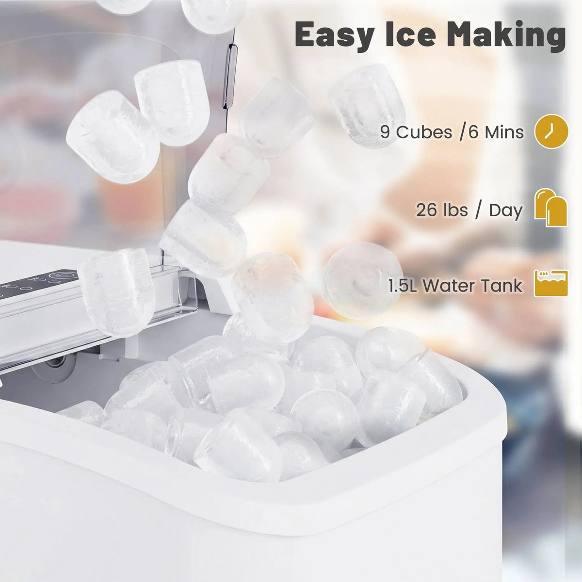 Countertop Ice Maker, Self-Cleaning Portable Ice Maker Machine with Handle and Ice Scoop 9Pcs/6Min 26.5Lbs/24H White Doba