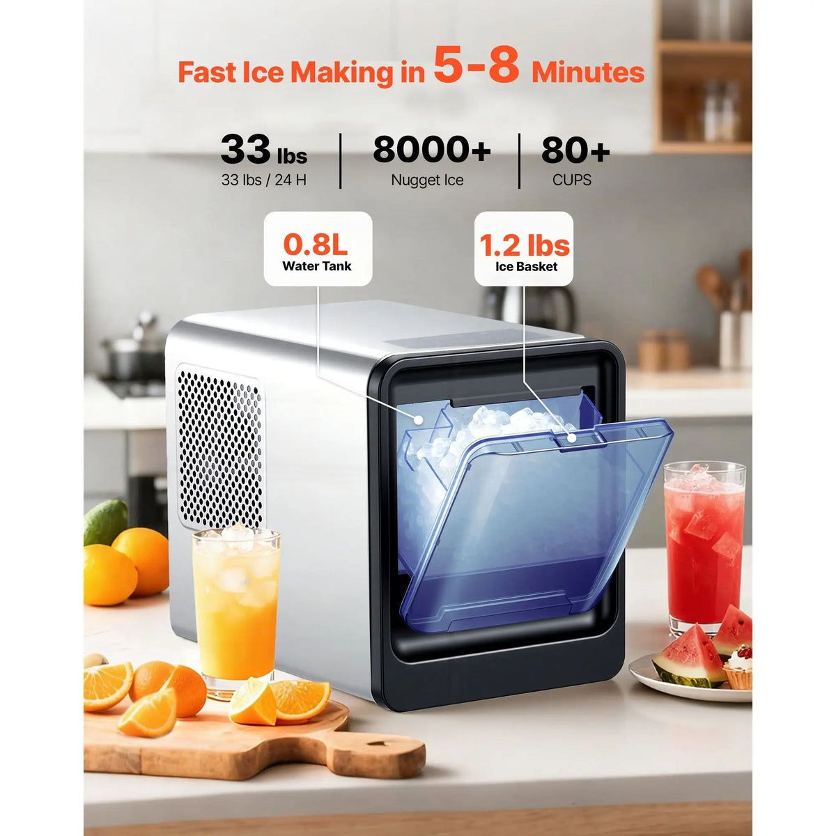 Countertop Ice Maker, 33 lbs per Day, Self-Cleaning Portable Machine with Scoop, Drawer-Style Ice Access, Nugget Ice-Making Machine with Chewable Ices for Home, Kitchen, Office, Bar & Party Doba