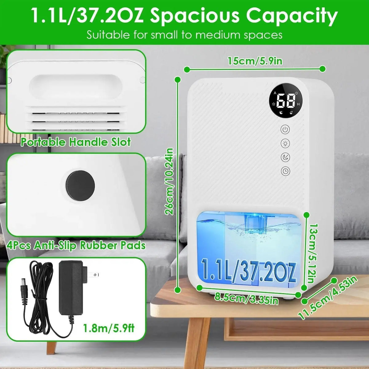Portable Small Dehumidifier with Humidity Display, 10oz Moisture Removal per Day, 1.1L Water Tank, 1-24H Timer & 7-Color Night Light for Bathroom RV Closet Doba