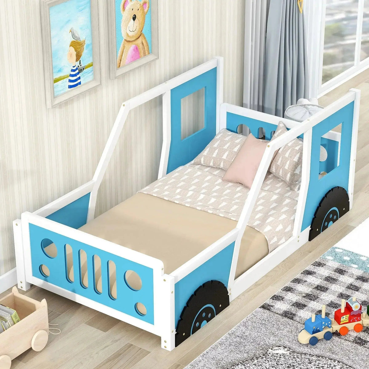 Twin Size Classic Car-Shaped Platform Bed with Wheels Doba