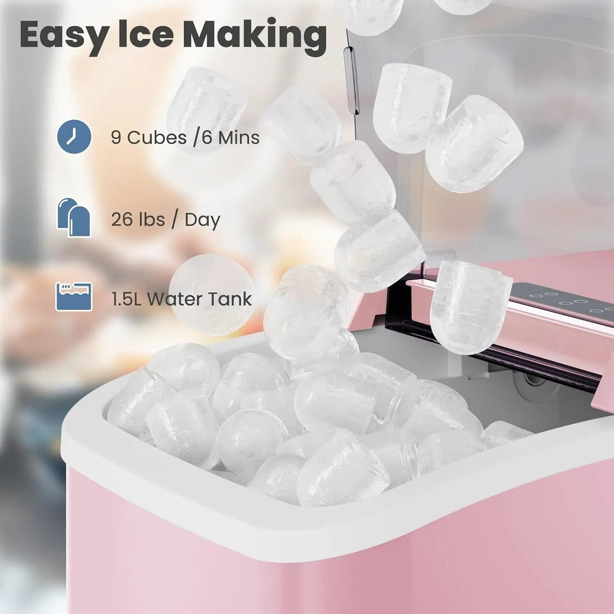 Countertop Ice Maker with Handle, 26lbs/24H Portable Ice Machine, 9 Bullet Ice Cubes Ready in 6 Mins, Self-Cleaning, Quiet Compact Ice Maker for Home, Kitchen, RV, Camping Doba