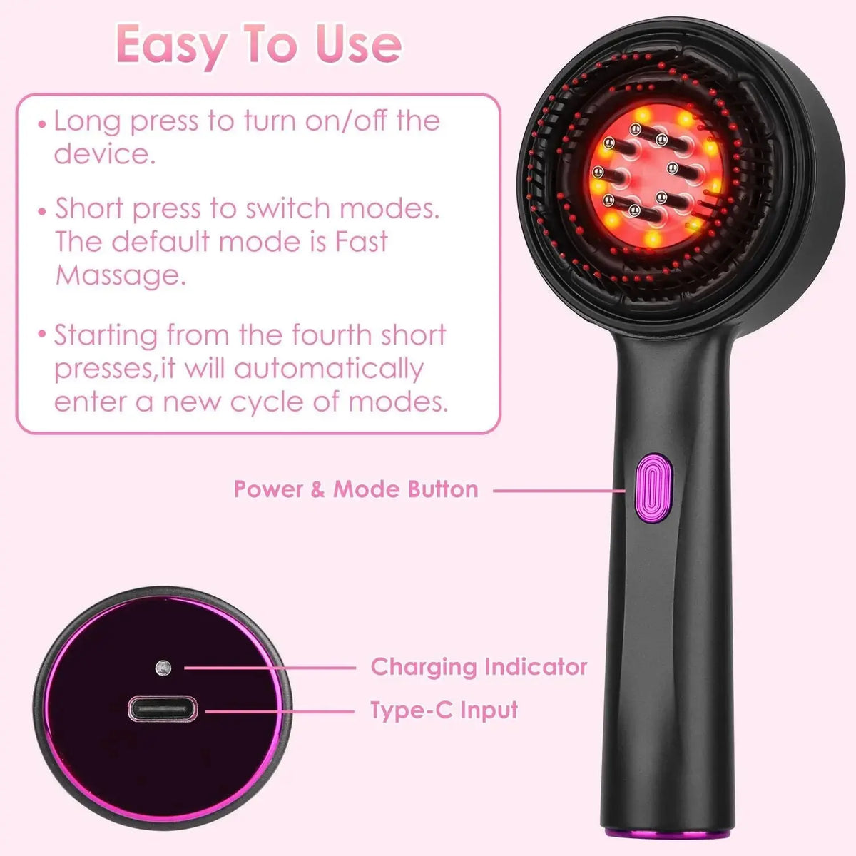 3 In 1 Red Light Scalp Massager Brush Cordless Hair Oil Applicator Massage Comb with 3 Modes Rechargeable IPX7 Waterproof Doba