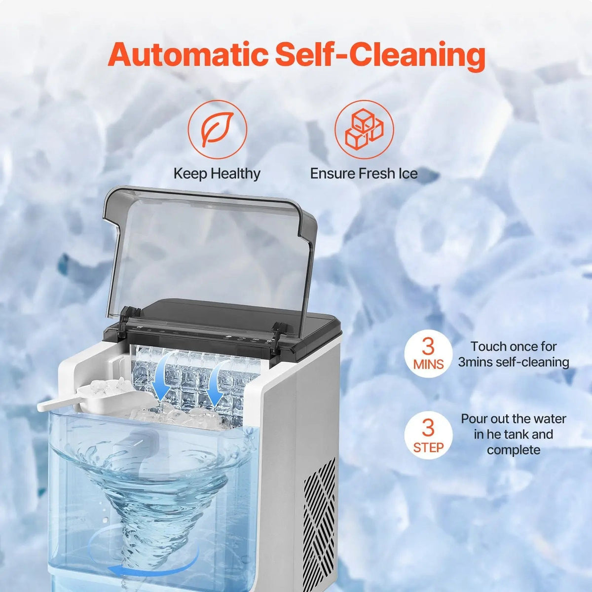 Countertop Ice Maker, 32 Cubes Ready in 15 Mins, 46lbs in 24Hrs, Self-Cleaning Portable Ice Maker with Convenient Ice Transfer, Ice Machine with 3 Sizes Ice Cube for Home Kitchen Office Party Doba