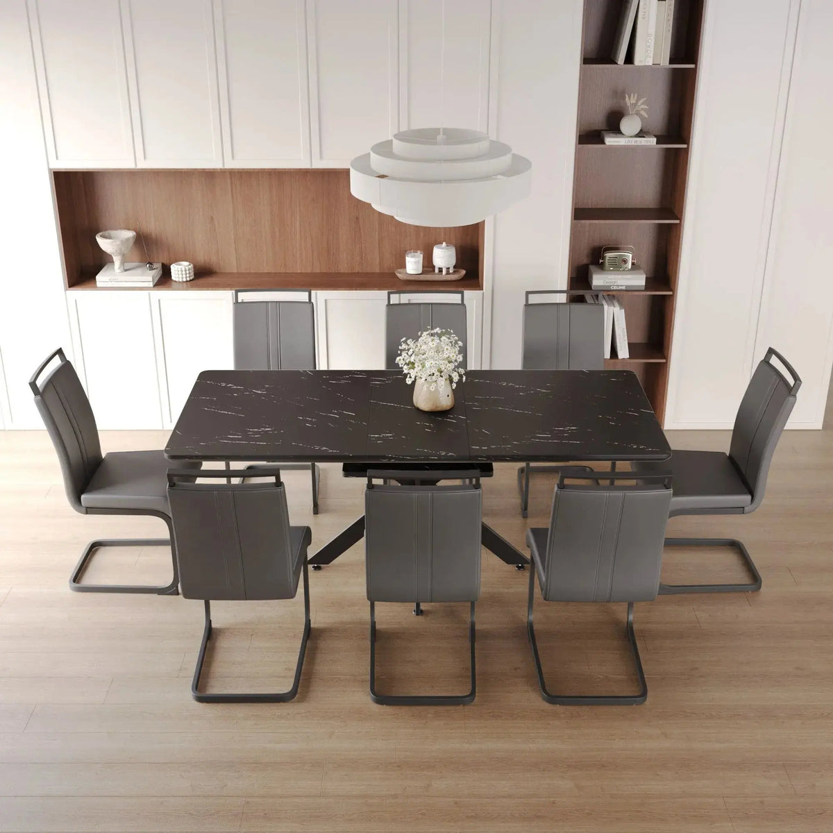 62.4" extendable 78.15" dining Table Set for 6-8 Person for Dining Room,C-shaped Tube Soft padded armless dining chair and Very large Dining Room Table Kitchen Table Chair Set with metal Legs Doba