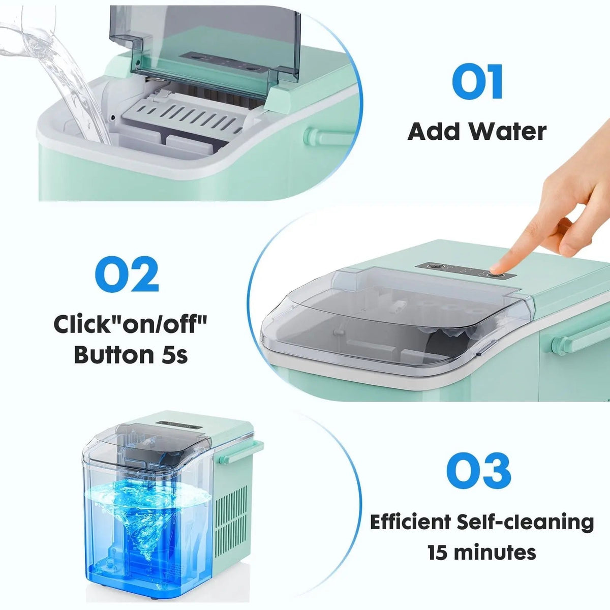 Countertop Ice Maker, Self-Cleaning Portable Ice Maker Machine with Handle and Ice Scoop, Bullet Ice Cubes, 9Pcs/6Min 26.5Lbs/24H for Home/Kitchen/Bar/Party, Green Doba