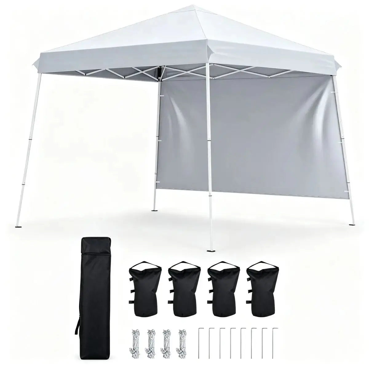 9ft x 9ft Pop Up Canopy Tent with Sidewall, UPF 50+ Silver Coated Waterproof Oxford Instant Shelter, 2-Level Adjustable Height Outdoor Canopy with Stakes Sandbags- White Doba