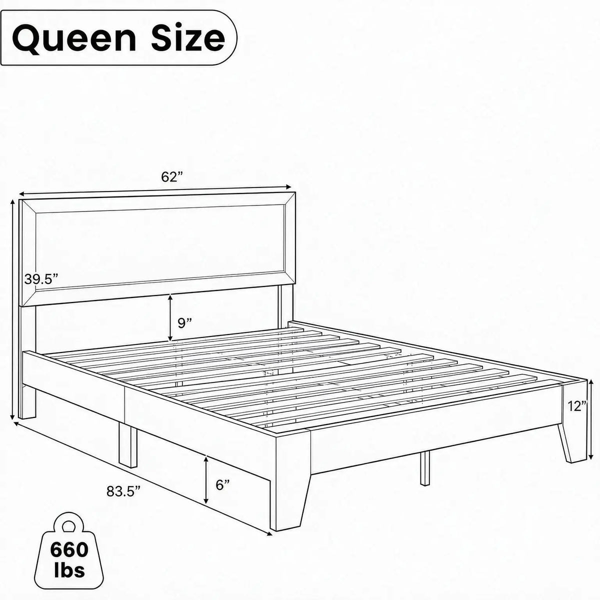 Large Modern Bed Frame with Headboard King Size Bedroom Furniture  Finish Queen Size Doba