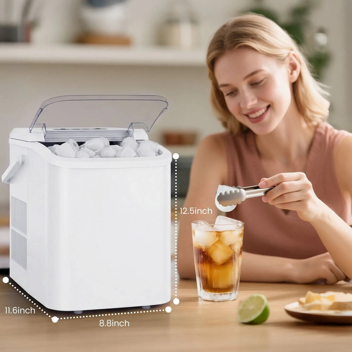 Countertop Ice Maker, Self-Cleaning Portable Ice Maker Machine with Handle and Ice Scoop 9Pcs/6Min 26.5Lbs/24H White Doba