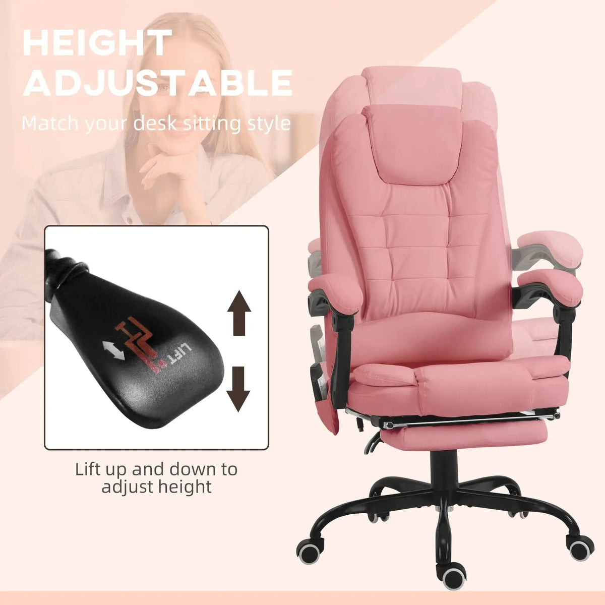 Pink Massage Office Chair High Back Executive Desk Chair with Vibration Massage Retractable Footrest 155 Degree Reclining Faux Leather Computer Chair for Home Office Doba