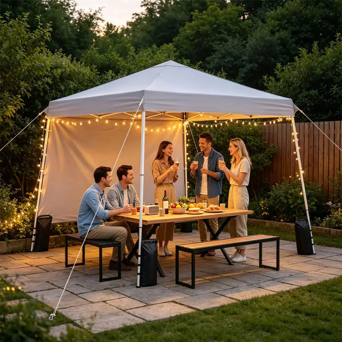 9ft x 9ft Pop Up Canopy Tent with Sidewall, UPF 50+ Silver Coated Waterproof Oxford Instant Shelter, 2-Level Adjustable Height Outdoor Canopy with Stakes Sandbags- White Doba