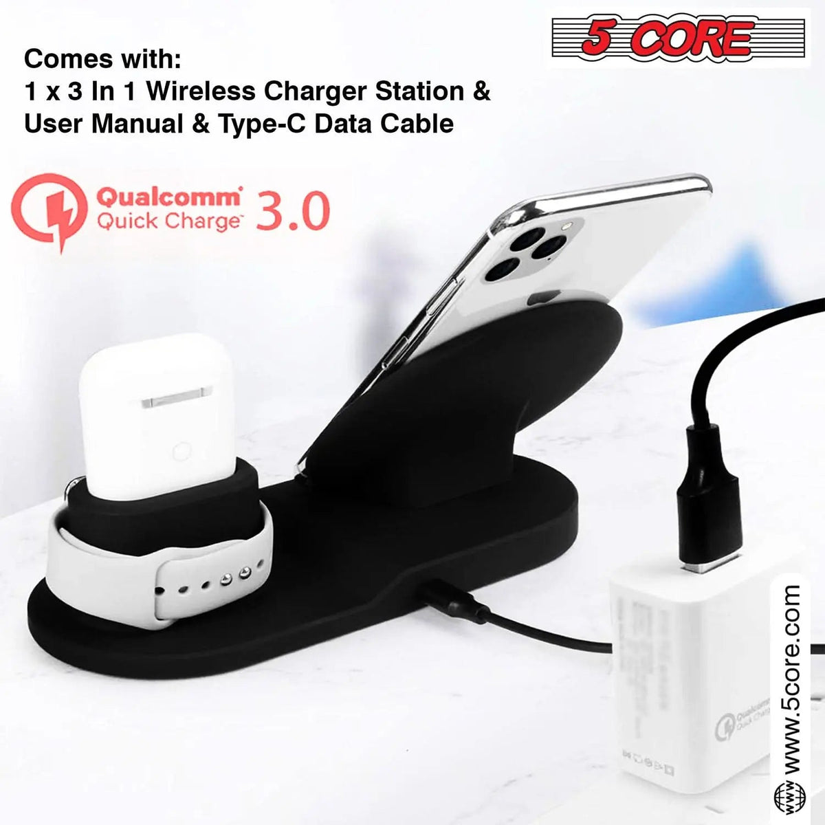 5Core Fast 3 in 1 Wireless Charging Station 10W Phone Watch Earpod Charger Velmora